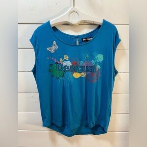 DESIGUAL Turquoise Graphic Logo Top – Butterfly Detail – Size L